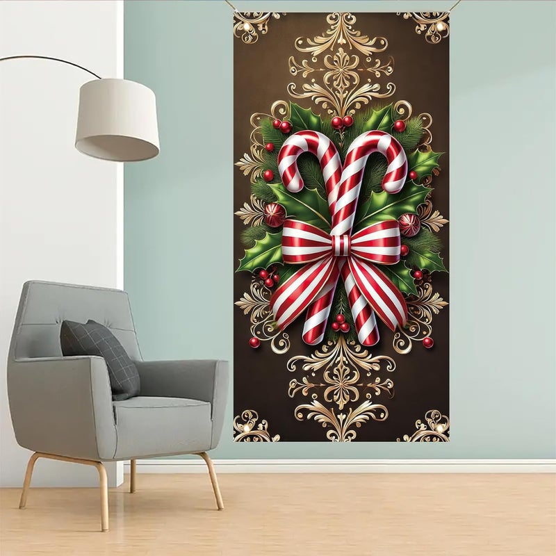 Saoplasa Christmas Door Cover Candy Cane Bow Banner 71 x 35 Inch Holiday Peppermint Stripe Wall Hanging with Holly Leaves Ornaments for Winter Wonderland Xmas Front Door Decor Photo Backdrop - Image 4